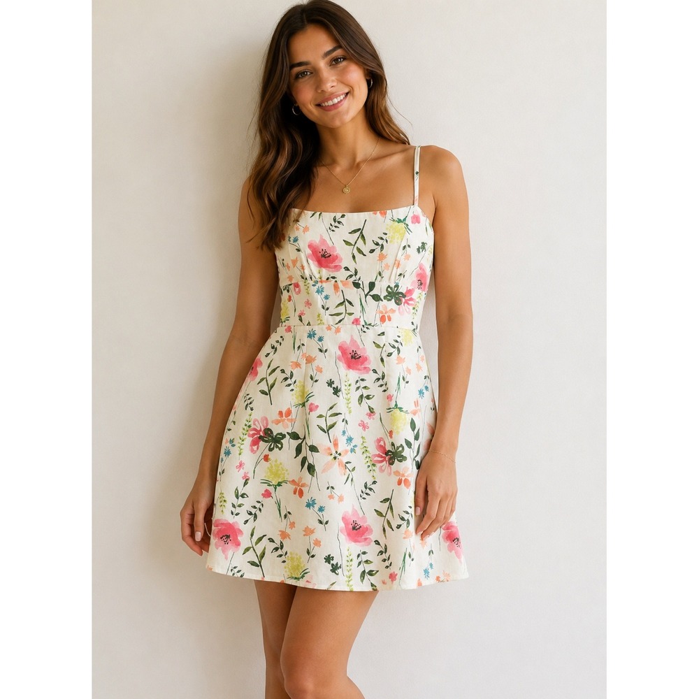 NWT Floral Print Spaghetti Strap Mini Dress Watercolor Floral Smocked Back